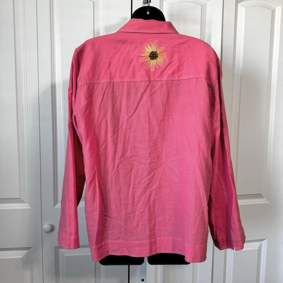 Kelly Scott L Linen Blend Pink Button Front Shirt Embroidered Sunflowers Jacket - Picture 2 of 7